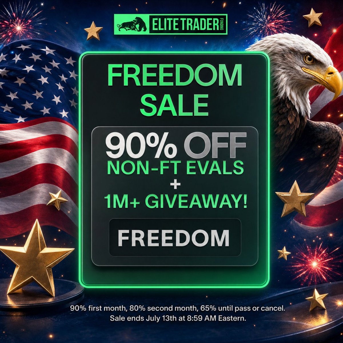 EliteTraderFund's tweet photo. 250 Years of Freedom. One Massive Celebration!

🔥 90% OFF Non-Fast Track Evaluations (2nd month 80%, 3rd and beyond - 65%)
📉 NEW Tiered Discounts – Save beyond your first month!
♾️ Unlimited Elite Resets – More chances to reach your payout, for a limited time!
🎁 $1M+ Giveaway – Every purchase through July enters you to win!

Celebrate freedom. Celebrate bigger opportunities. 🚀