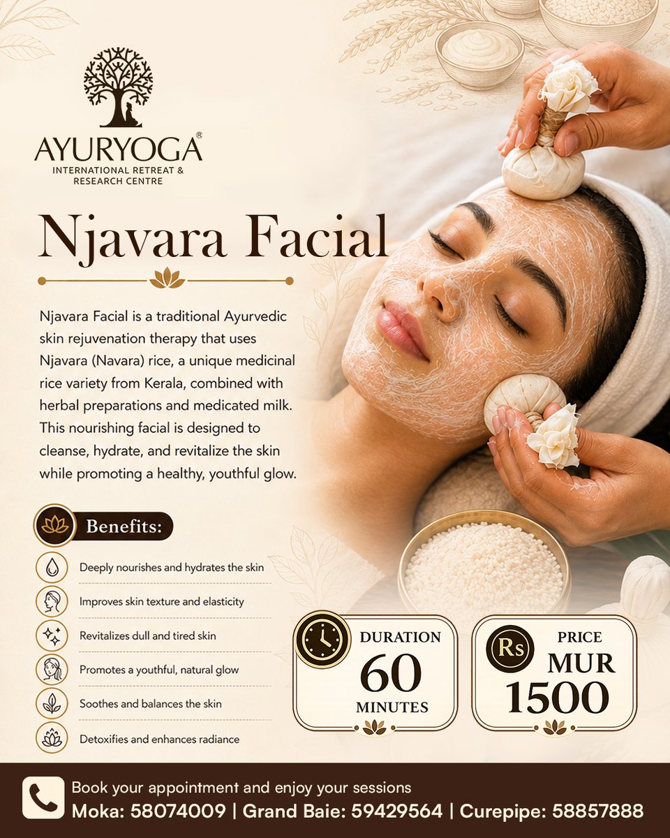 ayuryoga_mur's tweet photo. ✨ Naturally glowing skin starts with Ayurveda.

Choose from Eladi, Manjishta, Nalpamaradi, Njavara, Panchagavya &amp; Red Sandal Facials.

⏱️ 60 mins | 💰 MUR 1500

📍 Moka: +230 58074009
📍 Grand Baie: +230 59429564
📍 Curepipe: +230 58857888

#Ayurveda #Skincare #Mauritius https://t.co/BC2fW8kUjs