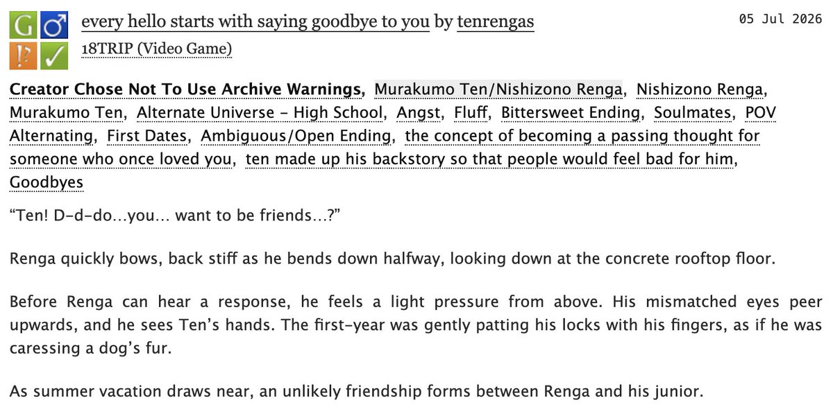 zephyrsveil's tweet photo. "every hello starts with saying goodbye to you"
as summer vacation draws near, an unlikely friendship forms between renga and his junior.
#tenren 添練 18trip, school AU, ~4.8k words.
based on the crane game seasonal event with ten and renga. 
https://t.co/2gewmn65eC https://t.co/d4aDn7d8uP