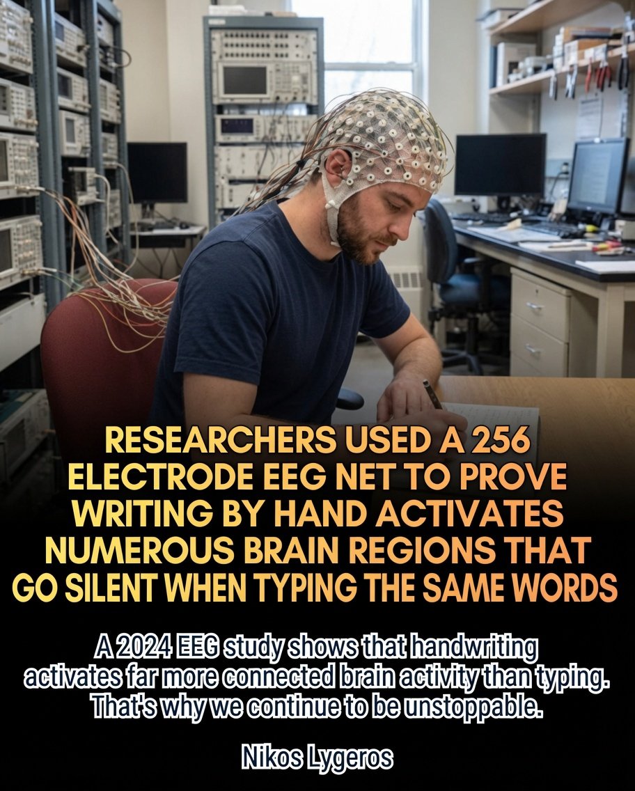 AthinaKech36429's tweet photo. "A 2024 EEG study shows that handwriting activates far more connected brain activity than typing. 

That's why we continue to be unstoppable."
Nikos Lygeros https://t.co/J3xILJiI3m