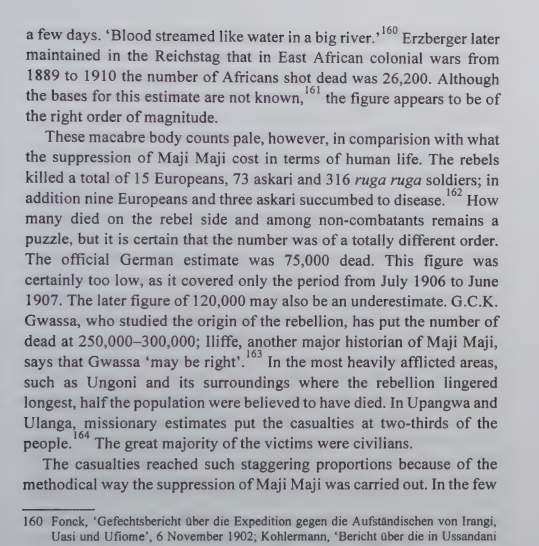rhaplord's tweet photo. Virtually every colonial atrocity would be classified as genocide today

The Germans killed 250-300,000 Tanzanians in two years to suppress the Maji Maji rebellion 

Nearly 5% of Tanzania's entire population!
A modern despot would need to kill 3 million to match that brutality https://t.co/9KWE7KjtdT