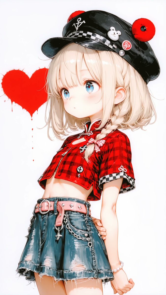AliceLavli's tweet photo. チャイナトップスとデニムスカートの衣装プロンプトをどうぞ✨
modern cheongsam crop top, fitted body-hugging silhouette, waist-length cropped design, high Mandarin collar, short cap sleeves, traditional Chinese frog button closures at the right shoulder and neckline, diagonal wrap-style front seam, red and ivory micro gingham check pattern covering the entire top, narrow dark red piping along the collar, sleeve edges and diagonal trim, smooth woven cotton fabric, hidden side zipper closure, paired with a charcoal washed denim ultra mini skirt, low-rise fit, faded black denim texture, classic five-pocket construction, front zipper fly, belt loops, distressed washed finish, decorative pastel bead chain draped across the front belt loops, pink studded leather belt with silver buckle, additional pink polka-dot ribbon belt loops, strict color placement, red and ivory gingham top only, dark red piping only, charcoal washed denim skirt only, pink belt only, silver metal hardware only, pastel bead chain only, no additional colors, no additional decorations, clean symmetrical tailoring, highly detailed stitching, fashion catalog quality