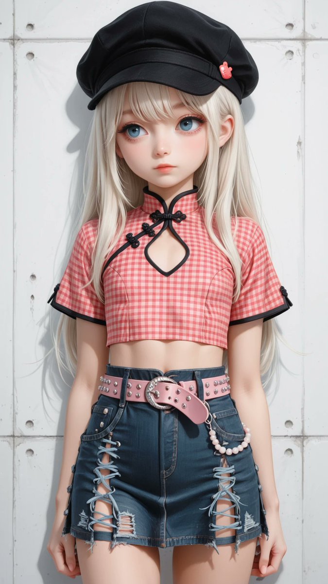 AliceLavli's tweet photo. チャイナトップスとデニムスカートの衣装プロンプトをどうぞ✨
modern cheongsam crop top, fitted body-hugging silhouette, waist-length cropped design, high Mandarin collar, short cap sleeves, traditional Chinese frog button closures at the right shoulder and neckline, diagonal wrap-style front seam, red and ivory micro gingham check pattern covering the entire top, narrow dark red piping along the collar, sleeve edges and diagonal trim, smooth woven cotton fabric, hidden side zipper closure, paired with a charcoal washed denim ultra mini skirt, low-rise fit, faded black denim texture, classic five-pocket construction, front zipper fly, belt loops, distressed washed finish, decorative pastel bead chain draped across the front belt loops, pink studded leather belt with silver buckle, additional pink polka-dot ribbon belt loops, strict color placement, red and ivory gingham top only, dark red piping only, charcoal washed denim skirt only, pink belt only, silver metal hardware only, pastel bead chain only, no additional colors, no additional decorations, clean symmetrical tailoring, highly detailed stitching, fashion catalog quality
