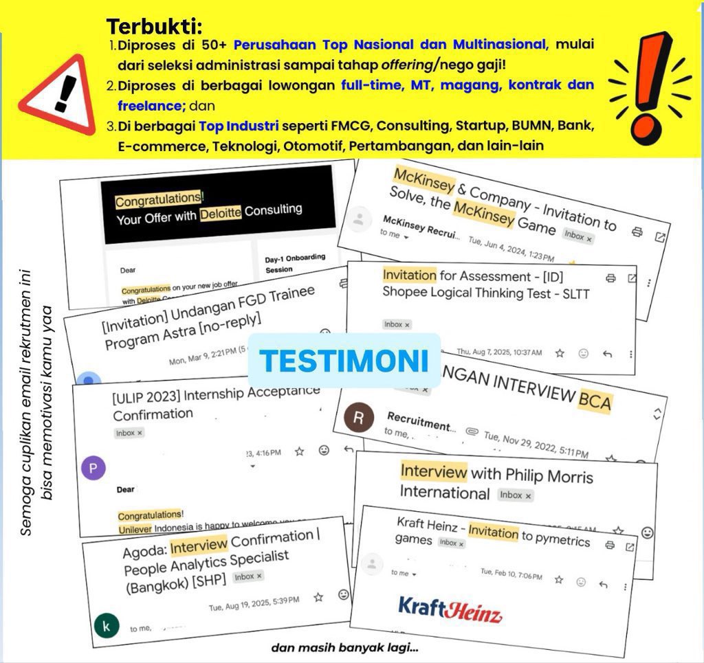 genzcorporation's tweet photo. SEDIKIT TIPS BIKIN CV ATS FRIENDLY✨

Kali ini untuk bagian Experience/Pengalaman Kerja dulu yaa

Cara ini udah aku terapin dan CV kuberhasil tembus screening di berbagai Top Company… (Big4, Startup, FMCG, Bank, dll) Real No Fake Fake

Buat dapet Tutorial LENGKAP Cara Bikin CV ATS Friendly, ada template nya juga, cek disini: https://t.co/lmJvJihARP

Aku bakal kupas tuntas tiap bagian di CV dari atas sampai bawah! dari PROFIL, EDUCATION sampe SKILL, semuaa di bahas TUNTAS!!

Ga cuma bahas CV ajaa tapi persiapan lain juga dibahas, Trik HR Interview, Case Interview sampe cara Nego Gaji‼️