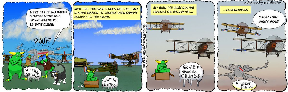 PeskyGremlins's tweet photo. Pesky Gremlins Comic 1015
"Complications"
https://t.co/5AuyyNVhaV
#comic #comics #webcomic #webcomics #cartoon #cartoons #cartoonart #gremlin #gremlins #cartoonstrip #WWI #biplane https://t.co/XeAUM5bDgd