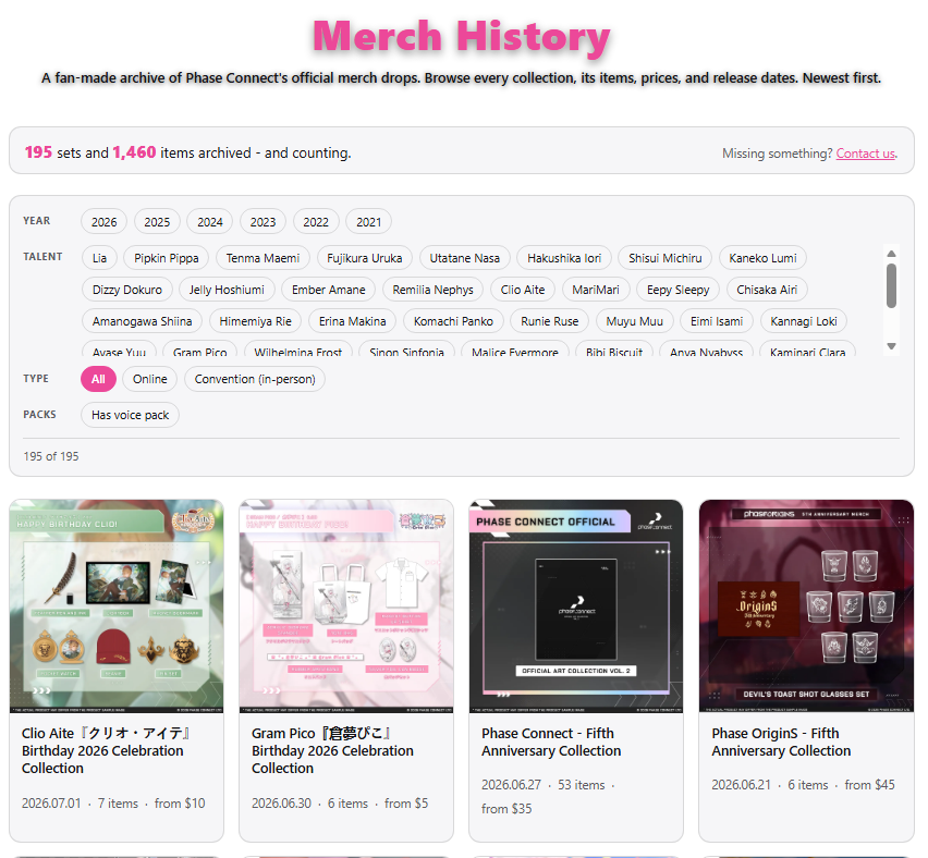 BlackZiploc_'s tweet photo. I think I got it. 195 sets and 1,460 items archived. Some things didn't last the test of time, so I was only able to recover the banner image...

Filters now work btw. Sort by year, talent, or in-person vs online!

Surely Airi will do another voice pack since it's immortalized😙 https://t.co/WR4GWzoFAy