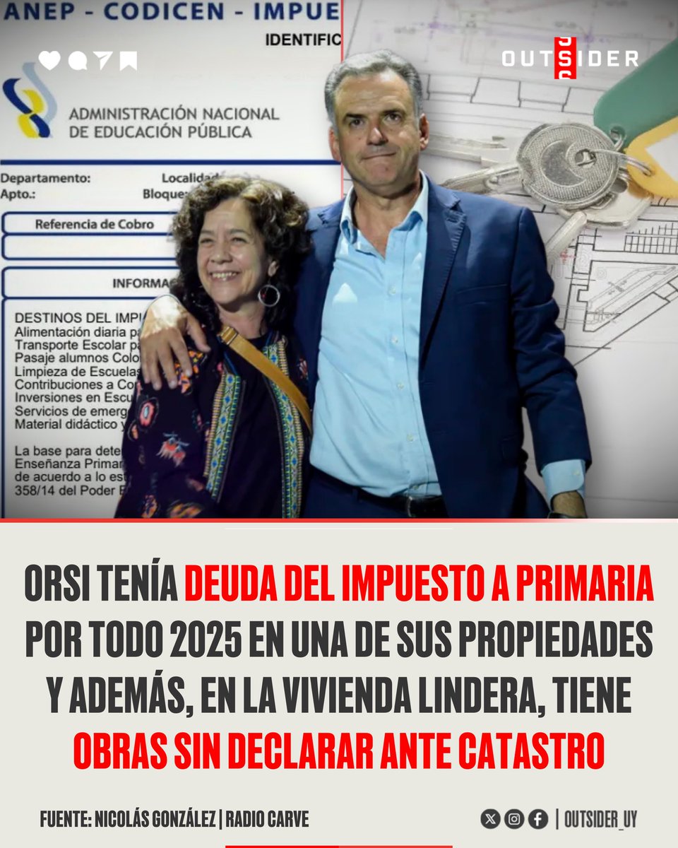 Outsider_uy's tweet photo. 🚨🇺🇾 | Orsi no pagaba el Impuesto de Primaria en una de sus casas y además no declaró obras en Catastro correspondientes a la vivienda lindera que está adjudicada a la Primera Dama, Laura Alonsopérez.

La casa que se compró en Salinas en octubre de 2024, tenía toda la deuda 2025 sin pagar, más la primera cuota de este año, más multas y recargos. $5.609 en total.

¿Cuándo la saldó? Cuando el periodista de Informativo Carve llamó preguntando. El vocero admitió que a partir de la consulta del periodista, entró a la web e hizo el pago de la deuda.

En la otra casa, la familiar, habría 48 metros cuadrados construidos que nunca declaró ante Catastro. La última declaración jurada es de 2008.