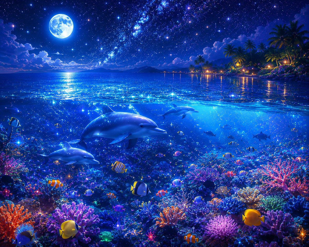 星空のもと、海の生き物たち。 やさしい波に揺られながら光あふれる海