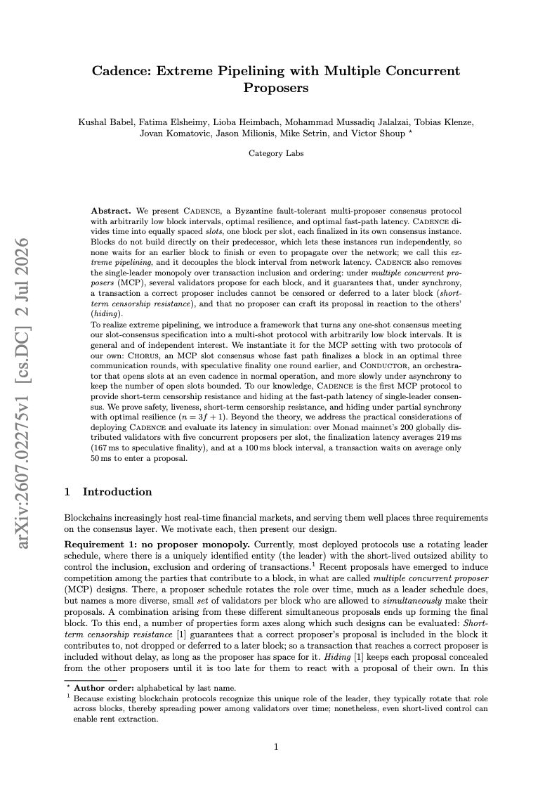 jayendra_jog's tweet photo. A whitepaper on a Multi-Proposer protocol for Monad just went up on Arxiv, authored by @Category_Labs. Two scoops:

1. Monad is pursuing Multi-Proposer consensus. This will be their next big public narrative.
2. Like Solana, they're following Sei's decision to go multi-proposer. https://t.co/ANdKtqqZ6n