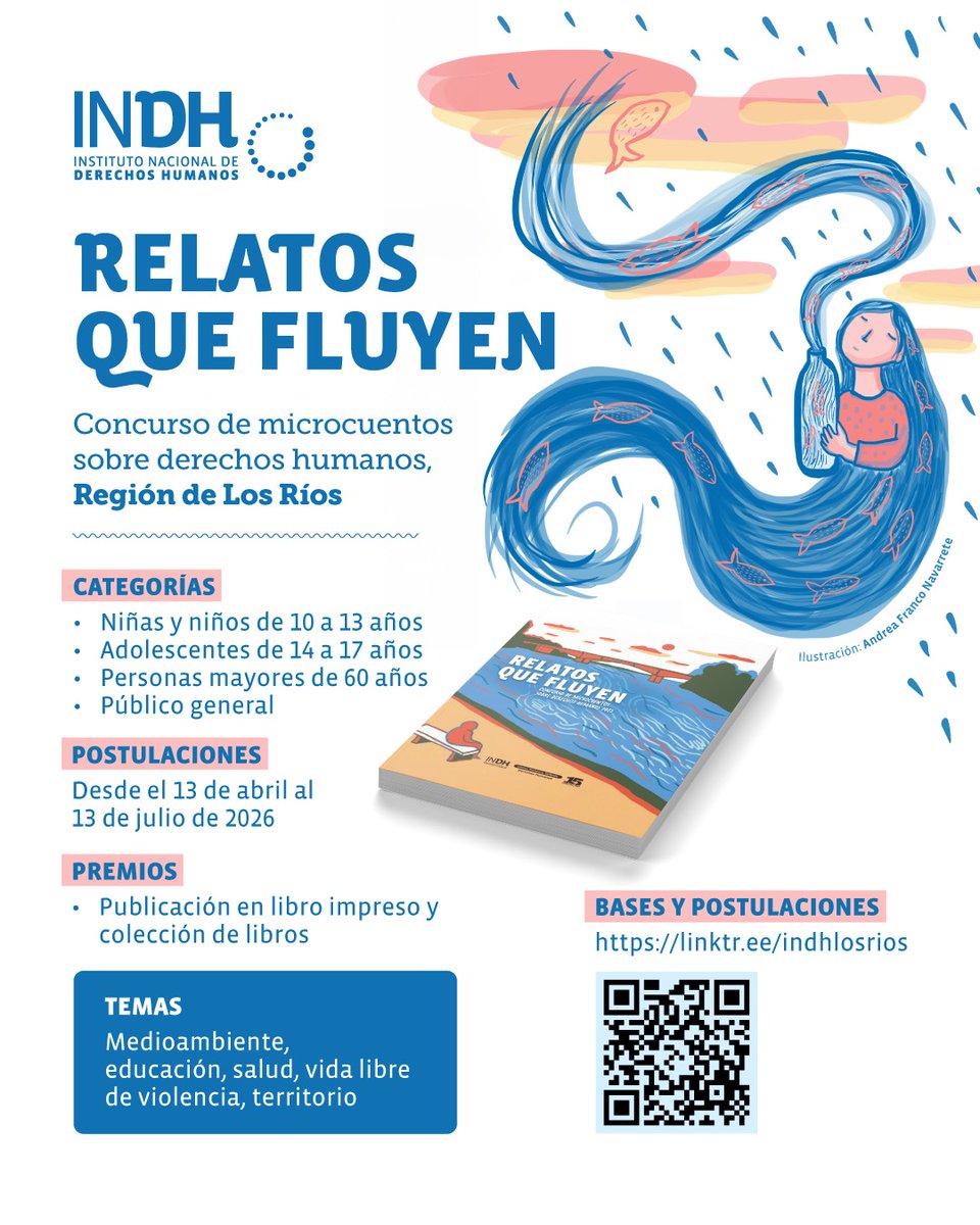 inddhh's tweet photo. #INDHLosRíos invita a enviar trabajos a “Relatos que fluyen”, concurso de microcuentos sobre derechos económicos, sociales, culturales y ambientales, en el cual pueden participar niños, niñas y adolescentes, personas mayores de 60 años y público general.
Las bases aquí 👉https://t.co/7Mq8Pt1p9U