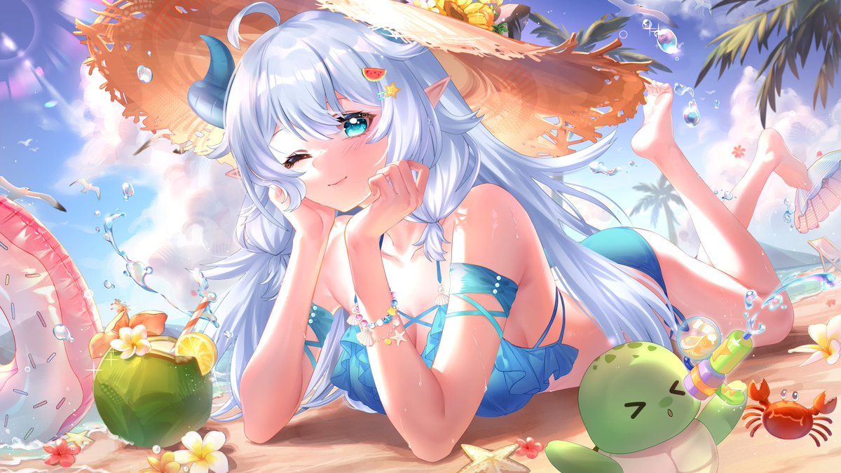 FunkenMizu's tweet photo. Der Sommer ist nun "endlich" da! ☀️🌊

Ich liebe einfach all die kleinen Details... die Haarspangen, die Blumen, die Kokosnuss und Tutel, der einfach glücklich mit der Wasserpistole spielt awawa 🥹💙

Vielen Dank nochmal an #NovaYStudio  für dieses wunderschöne Artwork! ✨ https://t.co/wxpurunYzi