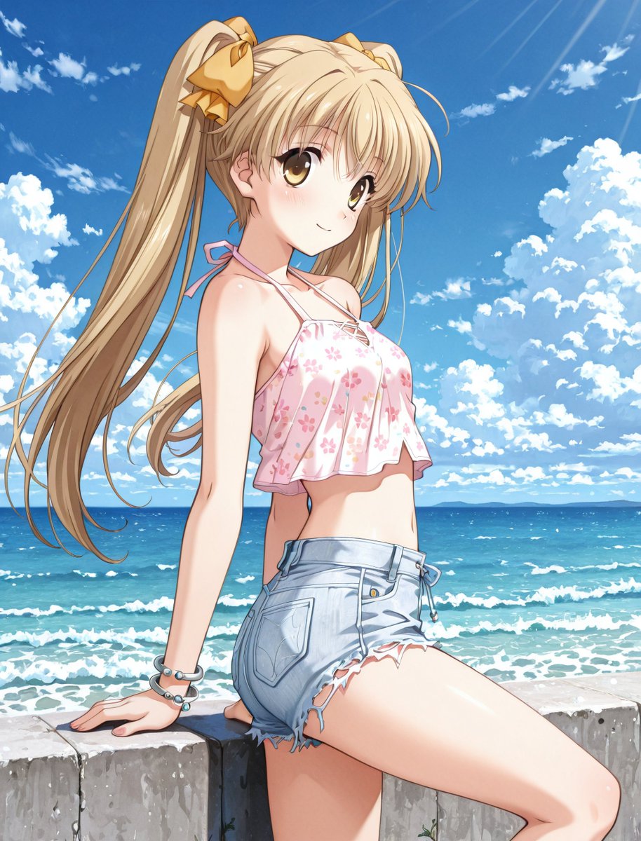 ASANAGILEMU's tweet photo. 火曜日です。
夏空の日差しの下でもみなもパワー全開です！

みなもちゃんには元気な衣装を着せたくなります
今回もアクティブな夏！をイメージしました。
（メモリーズオフ1st／伊吹みなも） https://t.co/7Cl82jYKbz
