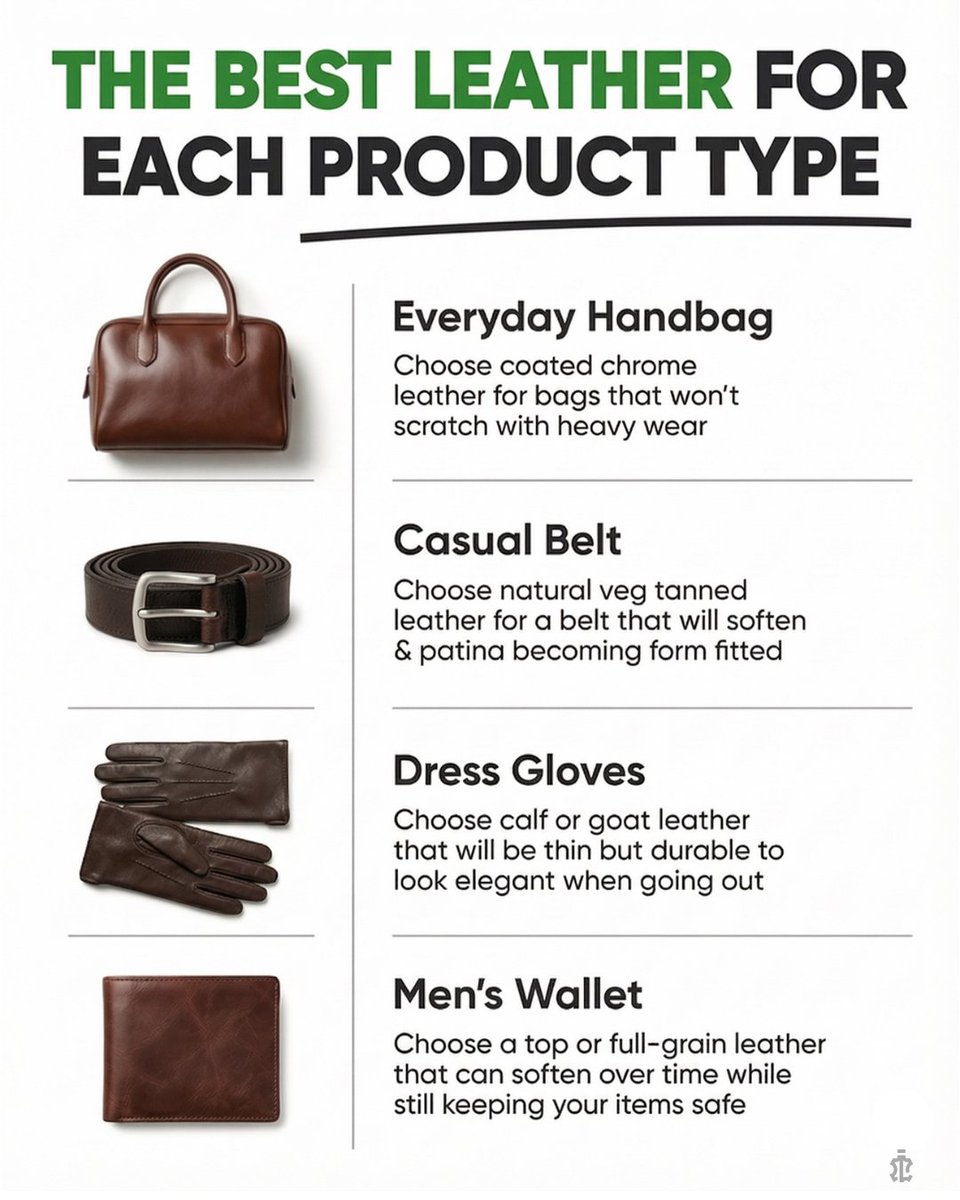 isitleather's tweet photo. The best leather for every product:

Everyday handbag: Coated chrome leather
Belt: Natural veg-tanned leather
Gloves: Calf or goat leather
Wallet: Full-grain leather

Durability. Character. Elegance. Longevity.

Choose the right leather for the right job. https://t.co/YWWmQPzctw