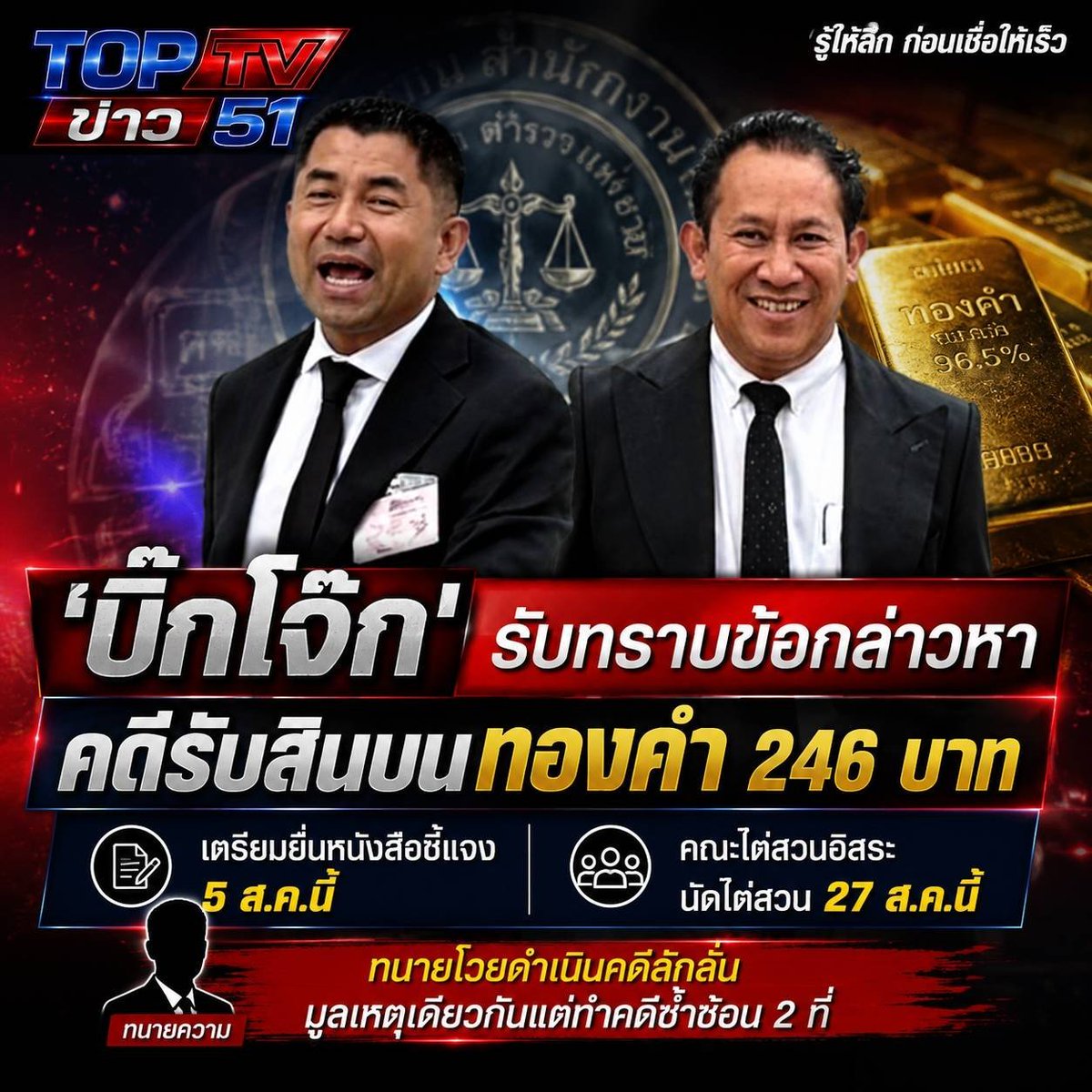 TOPTV51's tweet photo. 'บิ๊กโจ๊ก' รับทราบข้อกล่าวหาคดีรับสินบนทองคำ 246 บาท เตรียมยื่นชี้แจง 5 ส.ค. ก่อนนัดไต่สวน 27 ส.ค. ทนายชี้อาจเป็นคดีซ้ำซ้อน
TOP TV | รู้ให้ลึก ก่อนเชื่อให้เร็ว
#TopTV #บิ๊กโจ๊ก #ข่าว51 https://t.co/8ZEp1pTlU8