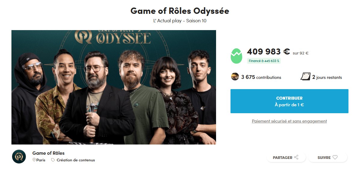 Gofroles's tweet photo. 400 000 €, 400 000 mercis ! 🫶

En plus des 20 épisodes promis, le palier final est débloqué : un concept inédit verra le jour cette année !

Il reste 2 petits jours pour prendre vos contreparties si ce n'est pas déjà fait, et sinon, on se retrouve en septembre pour le lancement d'Odyssée !

Merci infiniment, 
L'équipe Game of Rôles. 🎲