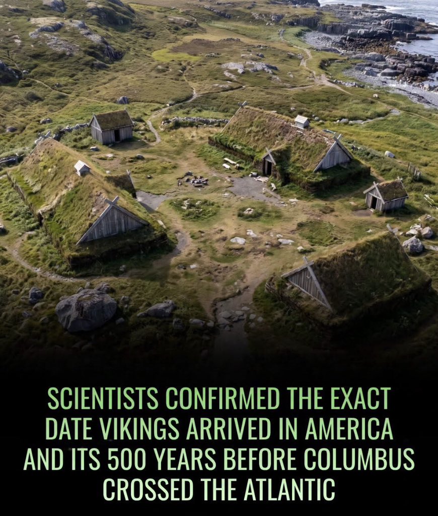 pashupdates's tweet photo. Vikings beat Columbus to America by 500 years.  
Radiocarbon dating confirms they were in Newfoundland in 1021 AD. 🛡️⛵

#Vikings #History #NorthAmerica #LAnseAuxMeadows https://t.co/cDiNMm9rF3