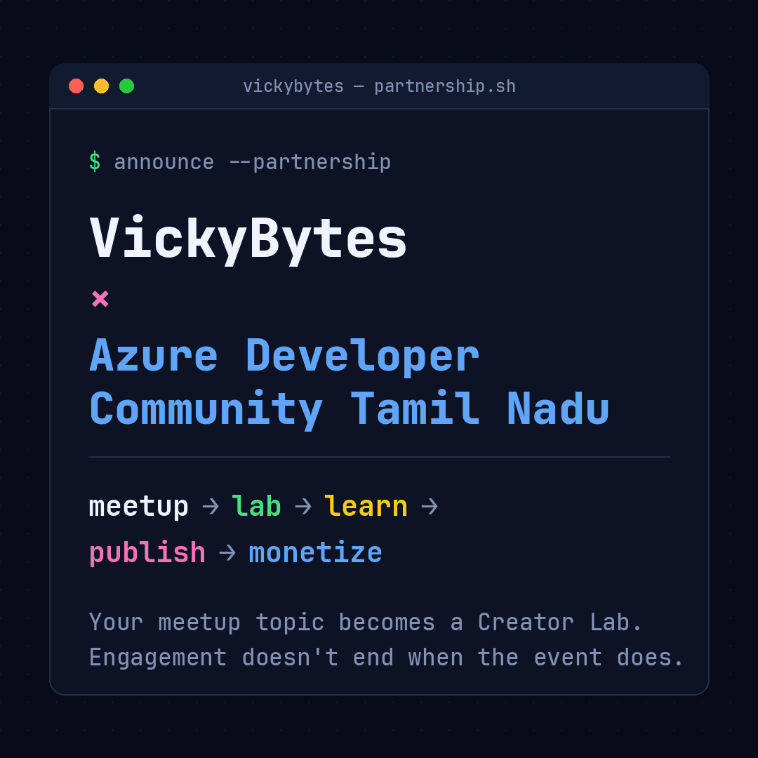 vickybytes's tweet photo. 🤝 Community Partnership Announcement!

VickyBytes × Azure Developer Community Tamilnadu

We're super excited to partner with Azure Developer Community Tamil Nadu — and here's why this matters: Every technical meetup ends with the same question: "What next?" VickyBytes platform completes the meetup engagement loop:

 1️⃣ Every meetup has a topic
 2️⃣ That topic becomes a hands-on Creator Lab on VickyBytes
 3️⃣ Post-event, developers learn the topic, publish their learnings, and monetize them

The meetup doesn't end when the event does. It becomes a learning journey.

Here is our collaborative Creator Lab post-event 👇 

https://t.co/mXh65S4zN5

📢 Running a community meetup or event? VickyBytes can publish a lab for your community — keeping your developers engaged, learning, and growing long after the event wraps. Write to us at contact@vickybytes.com

Let's build. Let's learn. Let's elevate. 🚀

#VickyBytes #AzureDeveloperCommunity #TamilNadu #DeveloperCommunity #CreatorLabs #TechMeetups