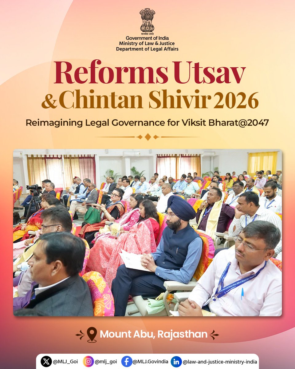 MLJ_GoI's tweet photo. Dr. Rajiv Mani, Secretary, Department of Legal Affairs, highlighted the key reform priorities emerging from the Chintan Shivir and emphasised that the deliberations, reflected in the Mount Abu Declaration (Sankalp Patra), 

5/6 https://t.co/FG3xowPEO4