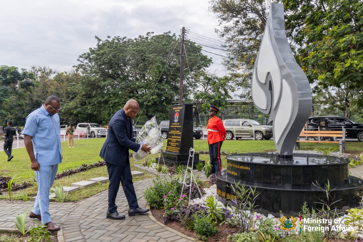 S_OkudzetoAblak's tweet photo. It was a profound honour and a moment of great pride to unveil two monuments at Burma Camp in Ghana constructed by the Government of Rwanda to honour the heroic and exceptional courage of Ghanaian peacekeepers who were part of the UN Assistance Mission for Rwanda (UNAMIR) during the 1994 genocide against the Tutsi which claimed over a million lives. 

Rwanda's Minister of Justice, Dr. Emmanuel Ugirashebuja and I led our two nations to unveil the permanent monuments and lay wreaths in honour of the memory of all those killed during the genocide. 

The Government of Ghana highly commends the Government  and friendly people of Rwanda for constructing these two significant monuments at Burma Camp as an enduring symbol of their appreciation and eternal remembrance of the leadership and sacrifices of the Ghana Armed Forces to  protect Rwandan lives. 

The permanent monuments serve as a befitting tribute to the rare bravery and humanity of Ghana’s peacekeepers led by Major General Henry Kwami Anyidoho who stayed behind when other countries left and risked their own lives to protect the Tutsis. 

Many more thousands would have been killed but for their rare courage and the extraordinary decision of the Government of President Jerry John Rawlings not to withdraw our troops as other governments did. 

Major General Henry Kwami Anyidoho had earlier received Rwanda’s highest national award for bravery from President Paul Kagame. 

God bless the Government and amazing people of Rwanda for being a nation that shows gratitude and that does not forget. 

May these monuments remind us of our unfinished task in making the world a better place and may humanity win the war against genocide, hatred, bigotry and division. 

For God and Country 🇬🇭 🙏🏾