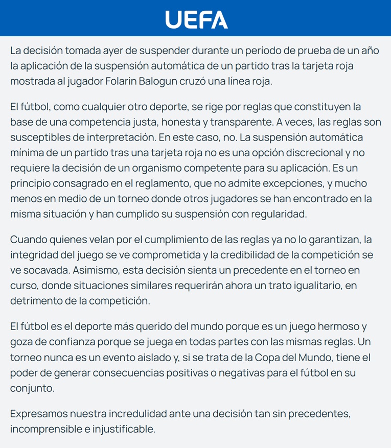 porquetendencia's tweet photo. "La UEFA":
Por su comunicado contra la decisión de la FIFA de suspender la sanción para Folarin Balogun https://t.co/RNch8VrUg1