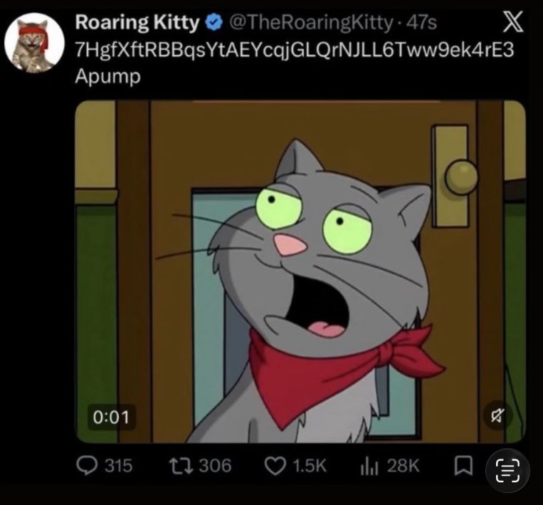FlameO_InsaneO's tweet photo. Riddle decoders would have a lot of fun with the $RKC coin drop from @TheRoaringKitty 

Go back to 2024 and piece together the puzzle and the picture he is trying to tell us then look at the May 11th CA drop. 

The whole thing is coordinated. See that door it’s the same doo from his 2025 video. Except the cat is on the inside….