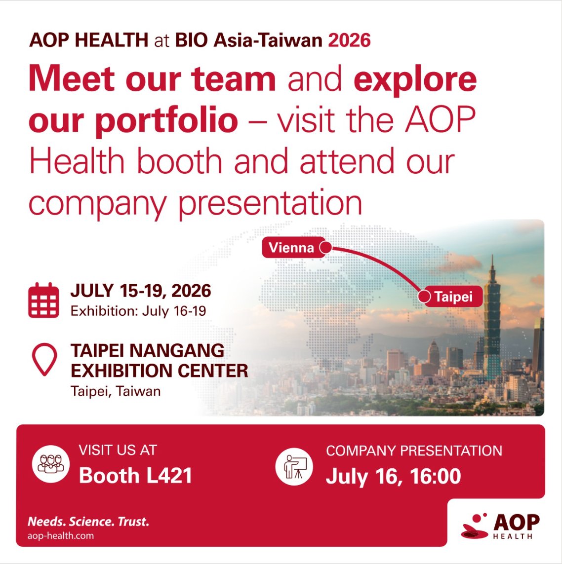 ICU_Management's tweet photo. Join #AOPHealth at BIO Asia–Taiwan, Booth L421 and meet their R&amp;D and intercontinental teams to explore new #partnership opportunities. Learn more here: https://t.co/aBbLOTadCM
Company Presentation
Date &amp; Time: Thursday July 16 |16:00 
Location: Booth L421 https://t.co/qfyItS9hEx