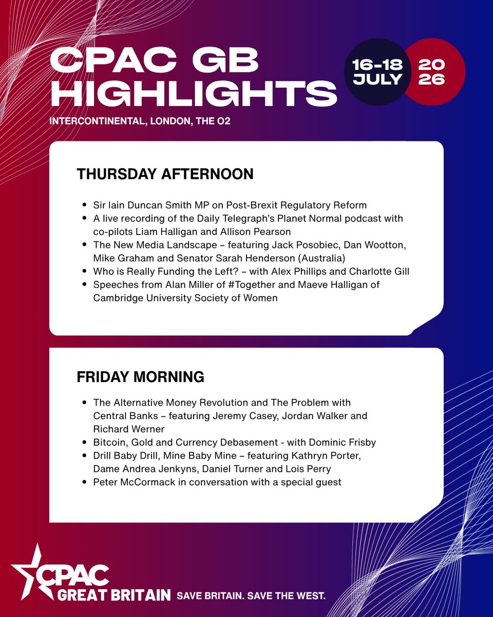 cpac_gb's tweet photo. CPAC GB Agenda Highlights 

Book your tickets here: https://t.co/V65bk9oqqt https://t.co/rUrcqhFIEv