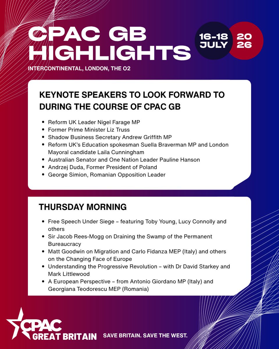 cpac_gb's tweet photo. CPAC GB Agenda Highlights 

Book your tickets here: https://t.co/V65bk9oqqt https://t.co/rUrcqhFIEv