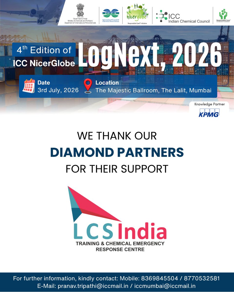 icc_india's tweet photo. Our heartfelt appreciation to @india_lcs for supporting ICC NicerGlobe LogNext 2026 as Diamond Partner.

Your partnership helped create an engaging &amp; impactful experience for all delegates.

For details: 8369845504 / pranav.tripathi@iccmail.in / iccmumbai@iccmail.in

@KPMGIndia https://t.co/i34k9ZyxMo