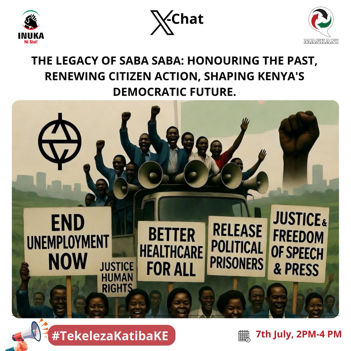Maskani254's tweet photo. Thirty-six years after the historic Saba Saba movement of 7 July 1990, Kenya continues to reflect on one of the most defining moments in its democratic journey. Saba Saba represented a collective demand by citizens for political pluralism, constitutional reforms, respect for human rights, accountable governance, and greater public participation in national affairs. 

Despite state repression, arrests, and violence, the movement marked a turning point in Kenya's history, laying the foundation for the repeal of Section 2A of the Constitution, the reintroduction of multiparty democracy, and ultimately the promulgation of the Constitution of Kenya, 2010.

Over the past three decades, Kenya has made significant democratic gains. The Constitution has entrenched the Bill of Rights, devolved governance, strengthened independent institutions, expanded civic freedoms, and created greater opportunities for citizen participation in governance and public decision-making. These milestones represent important achievements that reflect the aspirations of those who participated in the Saba Saba movement.

However, many of the issues that inspired the struggle remain part of Kenya's national conversation today. Citizens continue to express concern over corruption, the rising cost of living, unemployment, inequality, misuse of public resources, police brutality, shrinking civic space, access to quality healthcare and education, and the need for greater transparency and accountability in public institutions. While constitutional and institutional reforms have created stronger democratic foundations, the realization of these gains continues to depend on effective implementation, responsible leadership, and active citizen participation.

The emergence of the Gen Z-led civic mobilizations in 2024 and 2025 further demonstrated that the ideals of Saba Saba continue to resonate with a new generation of Kenyans. Driven by demands for accountability, constitutionalism, economic justice, and responsive governance, these movements reaffirmed that democracy is sustained not only through elections but also through continuous civic engagement, peaceful participation, and the willingness of citizens to hold public institutions accountable.

The #TekelezaKatibaKE Saba Saba Campaign emerges as a citizen-led civic education and digital advocacy initiative aimed at commemorating the legacy of Saba Saba while encouraging renewed commitment to constitutional governance, accountability, and active citizenship. Rather than focusing solely on historical remembrance, the campaign seeks to connect the struggles of 1990 with the realities of present-day Kenya by fostering informed public dialogue on governance, democratic progress, constitutional rights, and the responsibilities of citizens.

The campaign further seeks to strengthen conversations around good governance, corruption, public accountability, human rights, healthcare, education, youth employment, public finance, police accountability, and meaningful public participation. It recognizes that democracy is not sustained by constitutional provisions alone, but through everyday actions by citizens, responsive institutions, transparent leadership, and continued protection of fundamental freedoms.

The Campaign encourages citizens to critically engage with important questions such as:
1. How far has Kenya come in achieving the aspirations of the Saba Saba movement?
2. Which democratic gains should be celebrated and protected?
3. What governance challenges continue to undermine the promise of constitutional democracy?
4. How can citizens strengthen accountability and public participation beyond elections?
5. What lessons can be drawn from the 2024 and 2025 Gen Z civic mobilizations?
6. How can young people continue shaping Kenya's democratic future through lawful and peaceful civic engagement?
7. What practical actions can citizens take every day to strengthen democracy, defend the Constitution, and promote accountable governance?

This campaign is not only about commemorating a historic day, it is about reflecting on Kenya's democratic journey, celebrating constitutional gains, confronting the challenges that remain, and inspiring renewed citizen action. It recognizes that democracy flourishes when citizens are informed, institutions are accountable, public resources are managed responsibly, and every Kenyan has the opportunity to participate meaningfully in shaping the country's future.

Join the conversation under 
 as we honour the legacy of Saba Saba, celebrate Kenya's democratic progress, and renew our collective commitment to constitutionalism, accountability, and active citizenship.

Together, let us protect the gains of democracy, strengthen public participation, and build a more just, accountable, and inclusive Kenya for present and future generations. #TekelezaKatibaKE