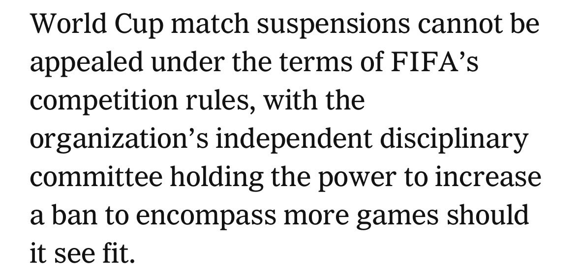 chatterlib's tweet photo. @theRealMPU @FrancoPanizo 1. You can’t appeal a WC match suspension. There is an independent &amp; unilateral review process. Read the article.

2. The president shouldn’t be calling FIFA officials to influence review processes. This is third-world coded and sets a bad precedent. https://t.co/hXoL6tanUl