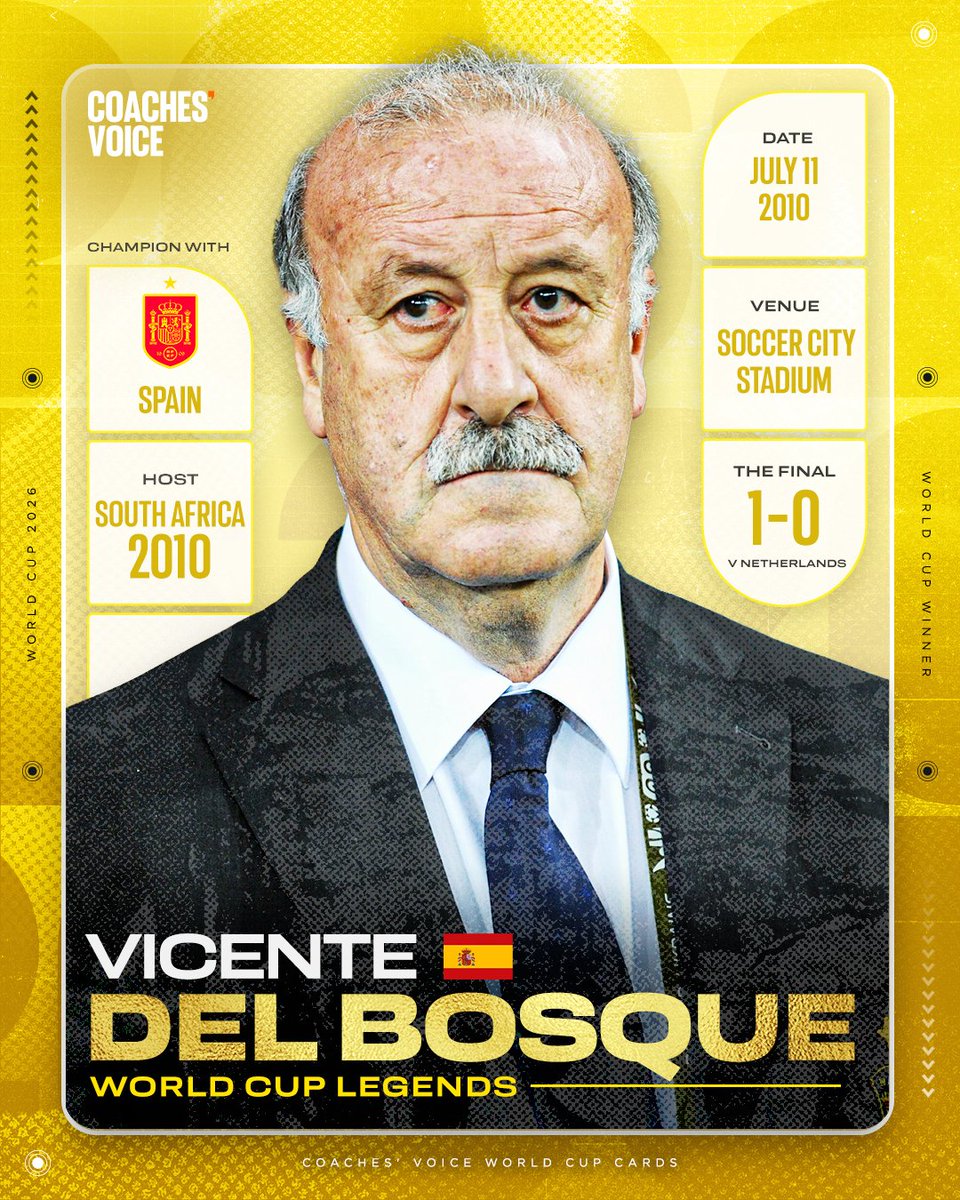 CoachesVoice's tweet photo. Vicente del Bosque led Spain to their first – and to date only – World Cup win, in 2010 🇪🇸 🏆

A two-time Champions League-winning manager of Real Madrid (2000 and 2002), he also managed Spain to Euro 2012 glory 🏆🏆 

That was the only time a European nation has won three major tournaments in succession – his predecessor Luis Aragonés having been in charge for Spain’s Euro 2008 victory 🏆🏆🏆