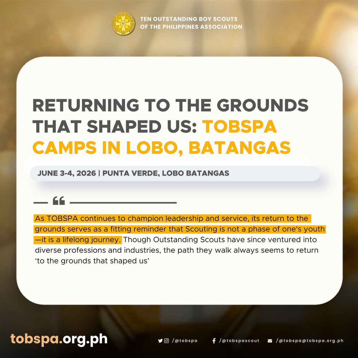tobspa's tweet photo. LOOK | Returning to the Grounds That Shaped Us: TOBSPA Camps in Lobo, Batangas

For generations, Scouting has trained young people for life, shaping leaders of character with a lifelong commitment to service. https://t.co/vicl1hwtna