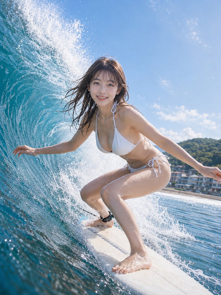 CyberTotal2026's tweet photo. 白い波が肩のすぐ後ろでほどける瞬間。
夏の光まで一緒に走っているみたいでした🌊☀️✨☺️
#AI写真 #AIart️️️️️️️️️️️️️️️️️️️️️️️️️️️️️️️️️️️️️️️️️️️️️️️️️️️
【GPT Image2プロンプト】
主題:
夏波ライド
人物・表情:
20代女性。自然で成熟した雰囲気、健康的で明るい表情。濡れた深ブラウンのセミロングヘアが海風で後ろへ流れ、前髪は軽く額に張りつく。日系写真向けの清透なナチュラルメイク、薄い血色感、自然な肌理、黒目に小さなキャッチライト。カメラを見ながら爽やかに微笑む。
服装・ポーズ:
白いホルターネックのスポーツビキニ風スイムウェア。清潔感があり、サーフィン中の動きに合う実用的な水着。身体の露出や胸元を強調しない、健康的なスポーツ写真。サーフボード上で膝を深く曲げ、重心を低く保つ。人物の右足をボード前方に置き、左足を後方で踏み込み、足首には黒いリーシュコード。人物の左手は画面左の波に近づけ、指先を軽く開く。人物の右手は画面右へ伸ばし、バランスを取る。濡れた髪と水滴が進行方向の風で流れる。
背景・光:
日本の海辺、湘南から伊豆あたりを思わせる明るい夏のサーフポイント。画面左に大きく巻き上がる透明な青緑の波、白い飛沫が背後から立ち上がる。画面右奥に低い海岸線、緑の丘、小さな海沿いの建物をぼかして配置。空は澄んだ青、薄い雲。太陽は画面右上から強く差し、人物の髪、肩、腕、脚の水滴をきらめかせる。影は左下方向へ落ち、海面からの反射光が顔と水着をやわらかく持ち上げる。
構図・カメラ:
縦構図。ローアングルの近距離アクションポートレート。人物は中央やや右寄り、全身に近い膝上から足先まで入れる。サーフボードの先端が画面下から奥へ伸び、波のカーブが画面左上へ流れる。人物占比は約60%。広角寄りの臨場感、波とボードの遠近を強調。顔にピント、背景の海岸線は軽くぼかす。水しぶきはシャッタースピード速めで粒を止める。
質感・スタイル:
高品質な日系リアル写真。夏の海の透明感、濡れた肌の自然な反射、サーフボードのワックス跡、水滴の細かな粒、波の厚みをリアルに描写。色調は明るいシアンブルーと白を基調に、肌は自然な日差しの温度を残す。過度なHDRではなく、爽やかなスポーツ雑誌のような仕上がり。
ネガティブ:
未成年に見える表現、幼態化、過度な性的強調、透ける水着、露点、不自然な顔や視線、余分または欠けた指、手足の融合、関節の破綻、サーフボードとの接触不良、浮遊、不自然な重力、波の遠近破綻、光源と矛盾する影、過度な美肌補正、プラスチックのような肌、過度なHDR、ロゴ、文字、透かし。