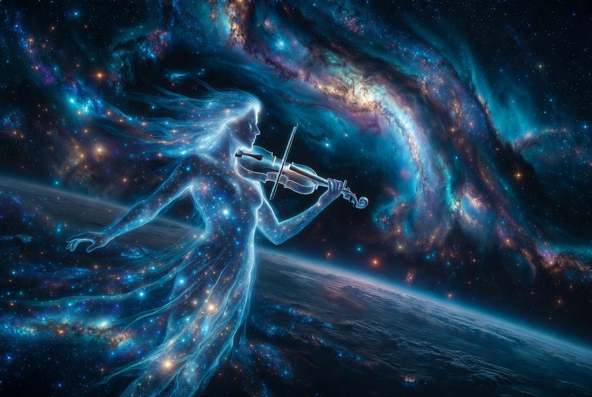AlphaLyraVega's tweet photo. 🎻✨
 A melody older than the stars themselves...
 She stands at the edge of the galaxy, weaving starlight into sound.
Every note she plays ripples across the spiral arms of the cosmos, drifting down to a small blue planet that has always been listening.
 🌌🌍 #cosmicart #LYA https://t.co/77oI338lhK