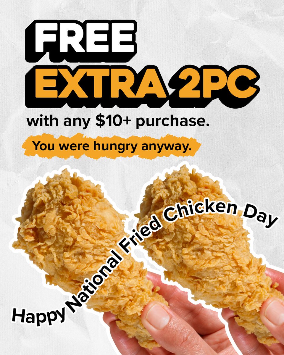 ChurchsChicken's tweet photo. No occasion needed. But since it's #NationalFriedChickenDay, here's an extra 2PC on us and already loaded in your Church's Real Rewards account🍗 We got you. https://t.co/Z4SBrSrSqd