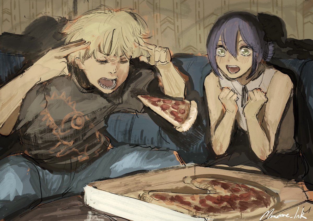 monotone_ink's tweet photo. Denji and Reze eating pizza in the backrooms https://t.co/Jp749EriE0