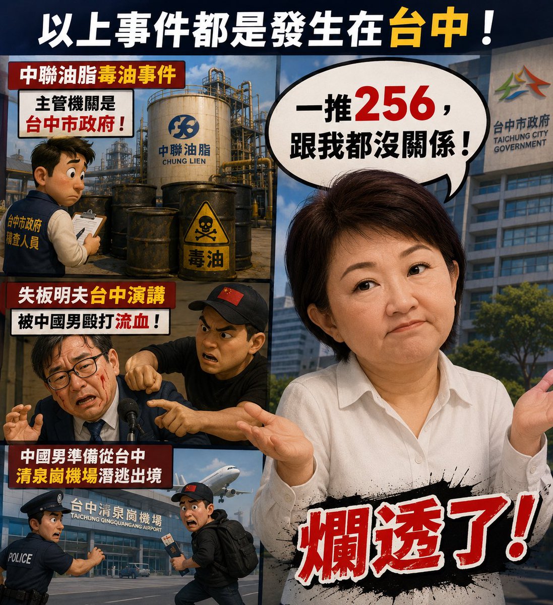 Kyleyoujustdoit's tweet photo. 中聯油脂主管機關是台中市政府，失板明夫在演講完被中國籍人士毆打，還想潛逃出境，也是在台中。

而台中市長完全消失，遇到事情不是推中央就是什麼都不知道，台中有這種市長真的是超級悲哀，現在還要把台中市長繼續交棒給同黨的人，到底是要荼毒台中到什麼地步。 https://t.co/rrc5QSQbtg