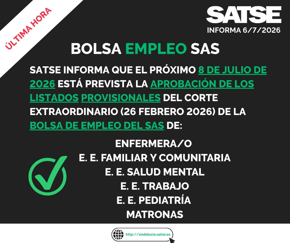 SATSE_Andalucia's tweet photo. ✅#SATSE Informa: El próximo miércoles 8 de julio de 2026 convocadas reuniones de las Comisiones de Valoración de Bolsa de #Empleo del SAS para la aprobación de las listas provisionales de las categorías de Enfermera y Especialidades de Enfermería
🔜Ampliaremos información https://t.co/N2V4SAQLC2