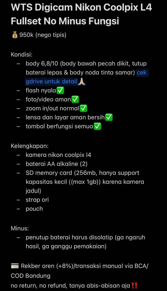 lovedbeforre's tweet photo. WTS Jual Kamera Digicam Nikon Coolpix L4 Fullset Under 1jt No Minus Fungsi #zonauang #bealanja
💰900k (nego tipis)

Details cek foto, video dan link gdrive

💳 Rekber oren (+8%)/transaksi manual via BCA/COD Bandung
‼️no return, no refund, tanya abis-abisan aja
result di bawah⬇️ https://t.co/Za5JQhMsOc