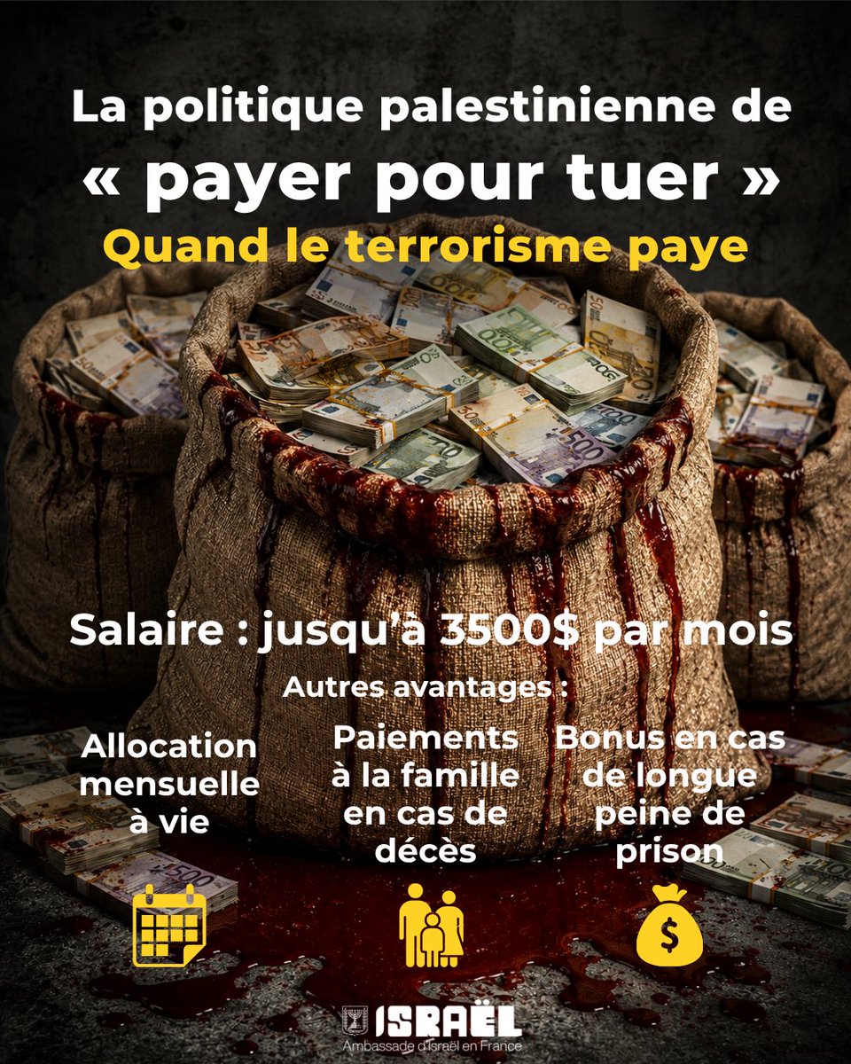 IsraelenFrance's tweet photo. L’Autorité palestinienne a transformé le terrorisme en activité financée par le gouvernement. 

Malgré des années de promesses vaines, le programme « Payer pour tuer » continue de récompenser les terroristes et d'encourager les meurtres.

La réforme n'était qu'une fiction. L'argent du sang, lui, est bien réel.