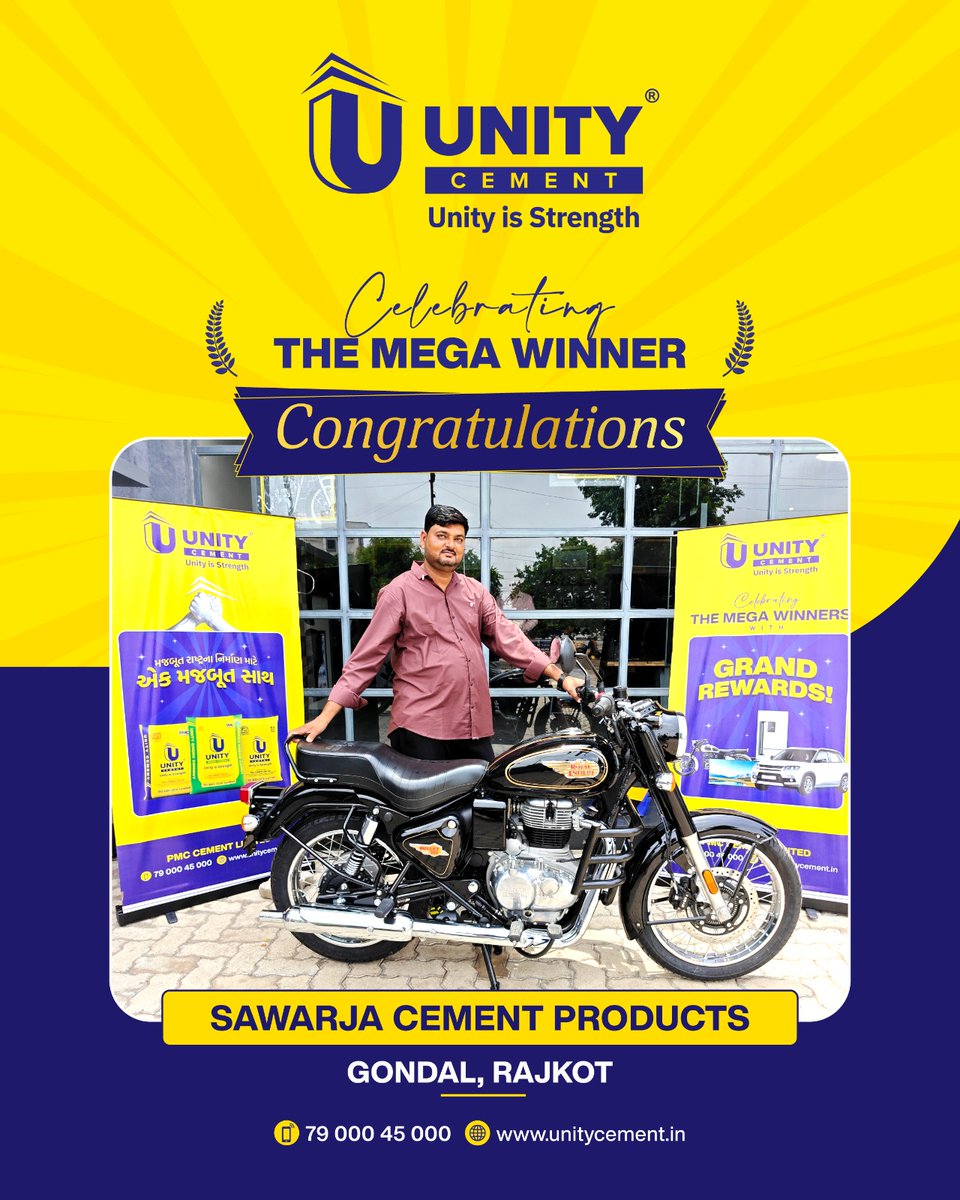 unitycement's tweet photo. Huge #congratulations to the Mega Winner from #SawarjaCementProducts in Gondal, Rajkot! We are thrilled to celebrate this mega win with you. Thank you for choosing the strength and reliability of #UnityCement #UnityIsStrength #MegaWinner #CustomerAppreciation #WinnerCelebration https://t.co/XUnulMTxXb