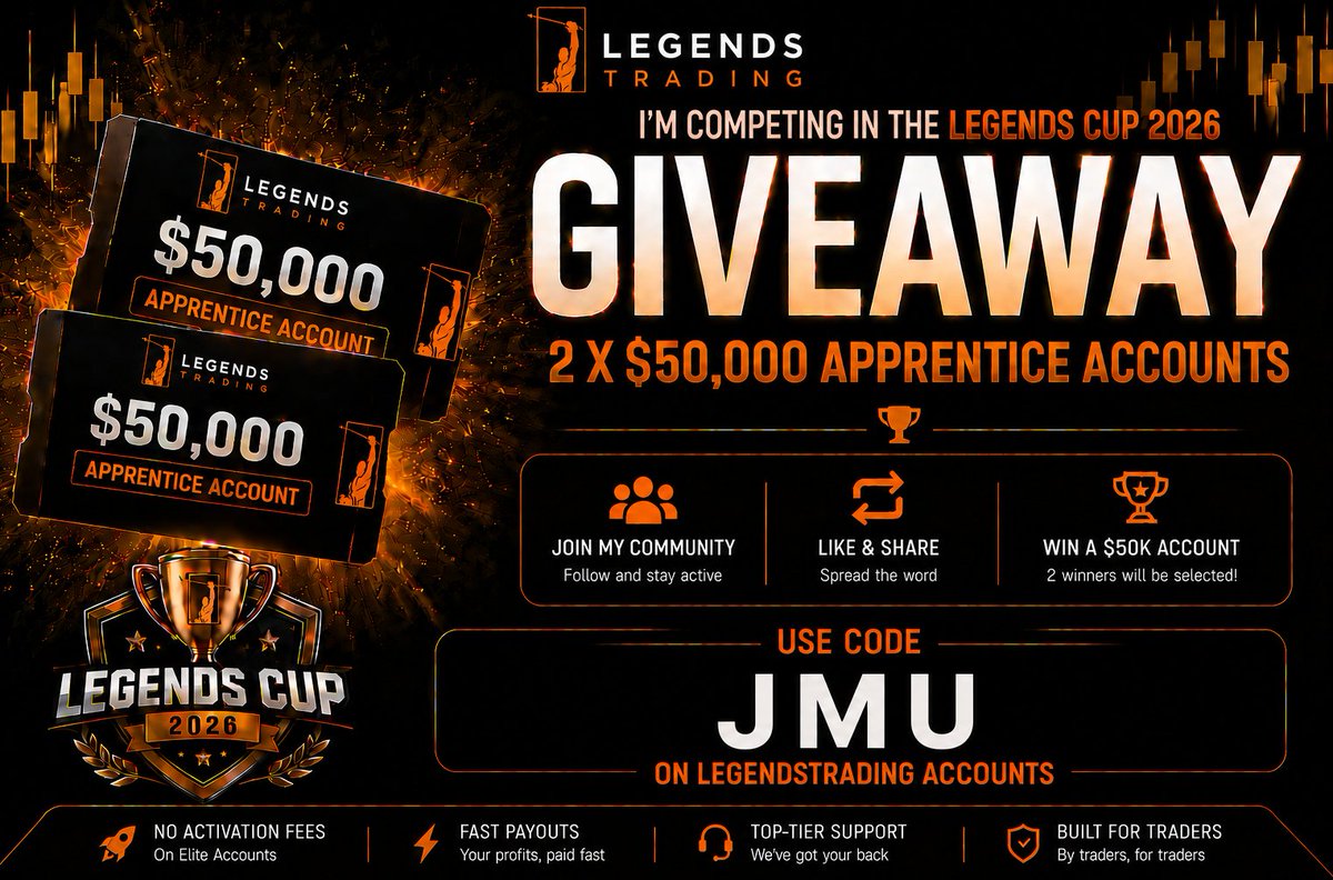 jmutrades's tweet photo. 🏹The Legends Cup hosted by The BDH starts today and we are starting out with a Giveaway! 
TO ENTER:
1️⃣ Follow @LegendsTradingG, @jmutrades, @pickapropfirm
2️⃣ Like & RT
3️⃣ Tag 3 friends and reply with BDH Cup.
🍰Follow the matches 👉https://t.co/cPdS9HE2cr

2 winners get a 50K Legends Apprentice Eval
Winners picked July 9 @ 8PM EST
NO PURCHASE NECESSARY TO ENTER OR WIN

Current Legends Offer:
🏹60% OFF Apprentice
🏹20% OFF Elite 
🏹30% OFF All Resets 
Claim deal👉https://t.co/Jpze4eEom5 | coupon code JMU