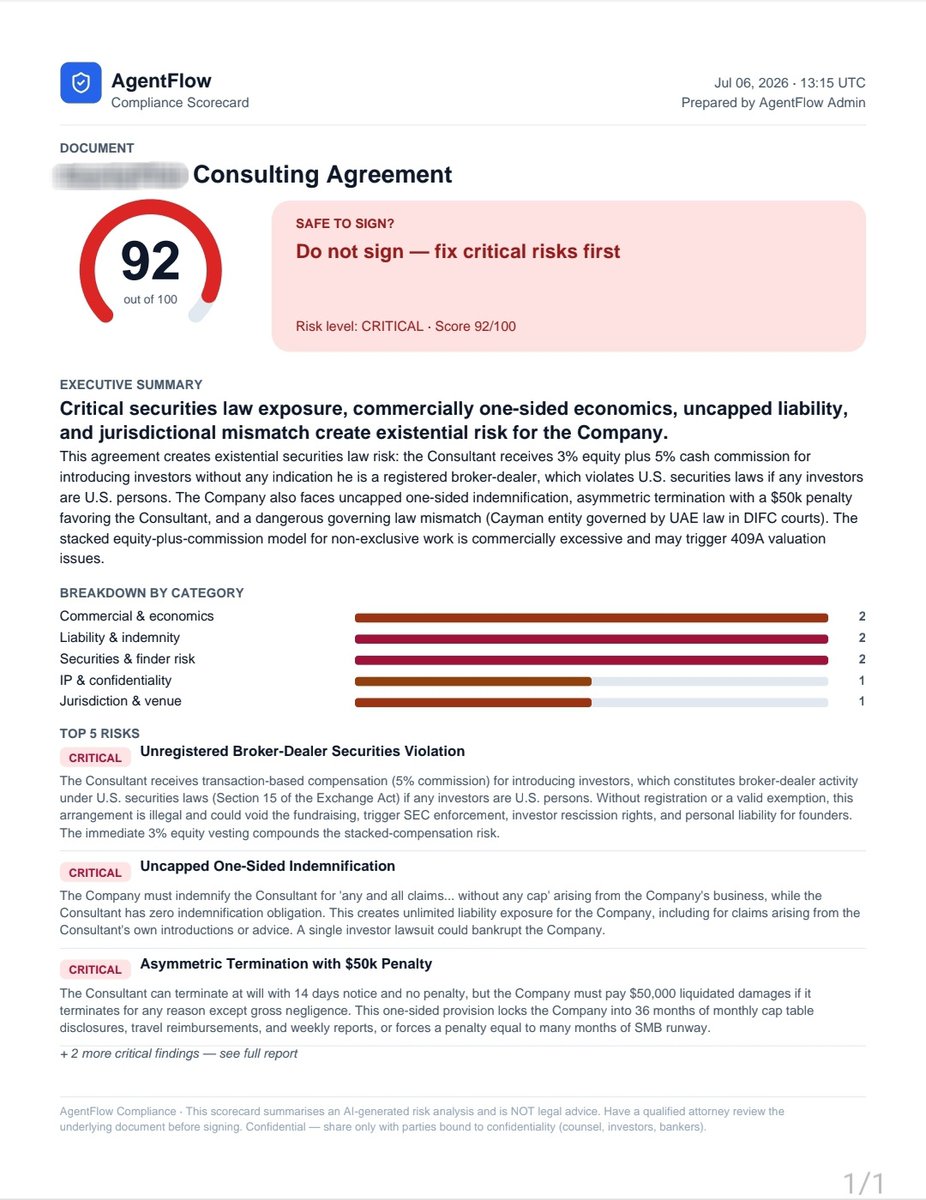 AgentflowTool's tweet photo. Scanned a real “accelerator” agreement.

AgentFlow found:
• 3% equity + 5% commission (likely illegal broker activity)
• $50k one-way termination penalty
• Uncapped indemnification

Payments are now live if you want full protection.

https://t.co/fYBFHBLULw 

#LegalTech #SmallBusiness #Startup #AI #ContractReview