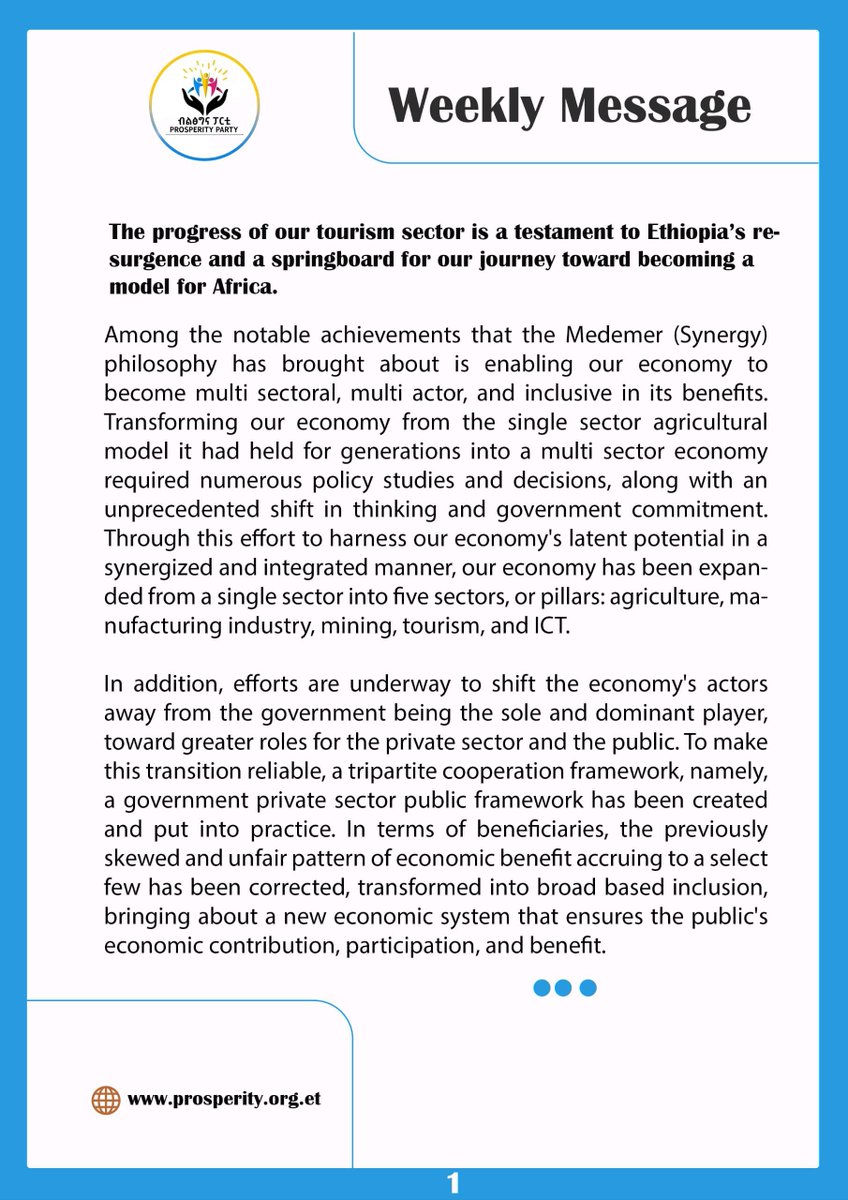 prosperity2022's tweet photo. Weekly Message
The progress of our tourism sector is a testament to Ethiopia’s resurgence and a springboard for our journey toward becoming a model for Africa. https://t.co/Oxcq1espAX