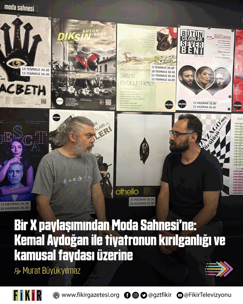 gztfikir's tweet photo. Bir X paylaşımından Moda Sahnesi’ne...

🎭 “Tiyatro aslında kanaatlerimizin kırıldığı yerdir.”

🎙️ Kemal Aydoğan’la tiyatronun piyasa baskısı altında nasıl metalaştığını, seyircinin nasıl “müşteri”ye dönüştüğünü ve kamusal sanat ihtiyacını konuştuk. @k_aydogan @modasahnesi

https://t.co/AWqMvVvNT6