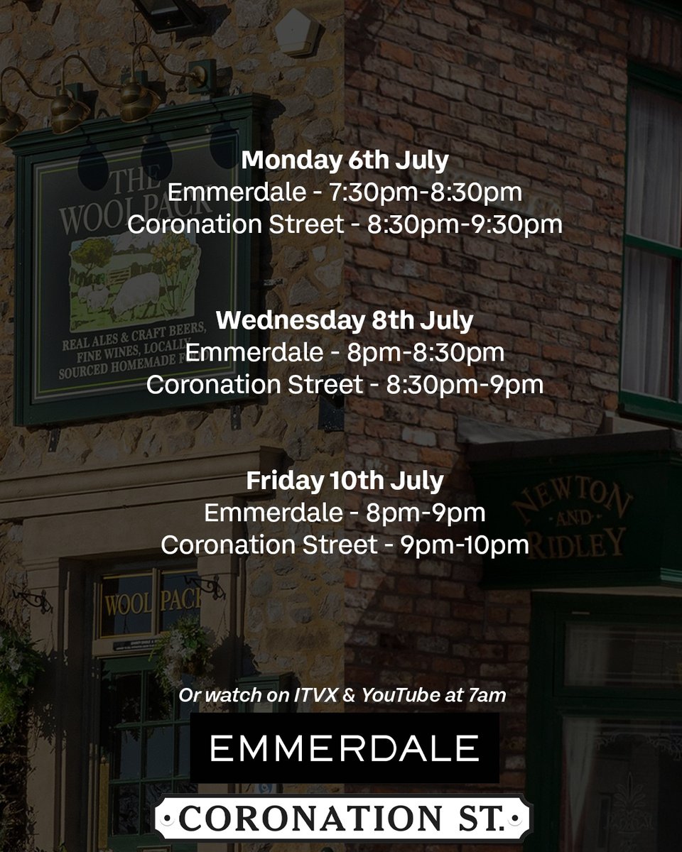 itvcorrie's tweet photo. Schedules are still a little different this week but... it's coming home? 🏆⚽️

Here's when you can catch Emmerdale and Corrie 🎉 https://t.co/FRWE2fkEEV