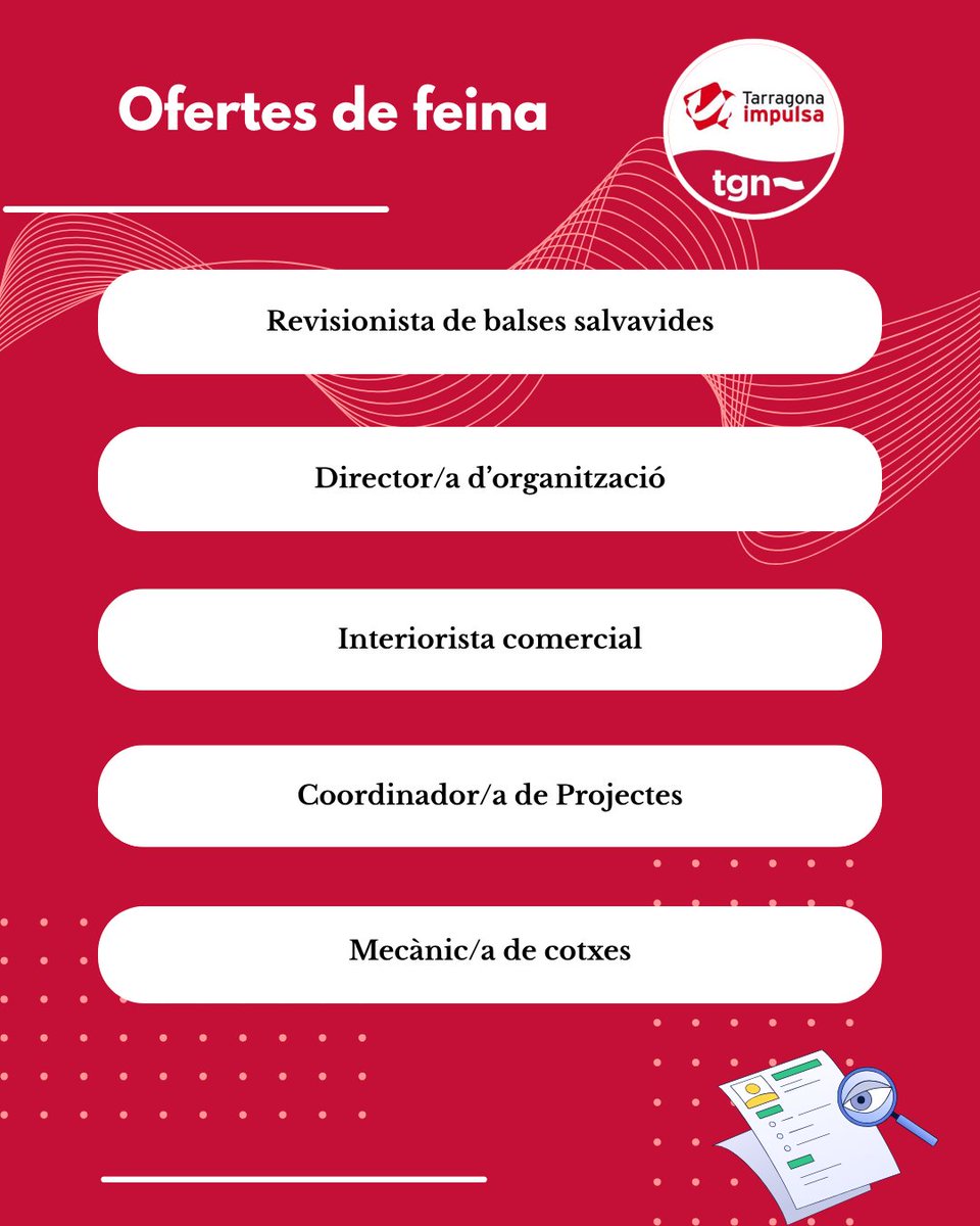 TGNImpulsa's tweet photo. BORSA DE TREBALL | 📢 Busques feina?

Consulta una selecció d'ofertes de la borsa de treball de Tarragona Impulsa i descobreix totes les vacants disponibles.

#Feina #Ocupació #Tarragona #TarragonaImpulsa https://t.co/OfAbFL2DIl