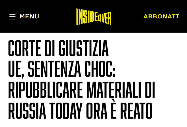 ProItalia_org's tweet photo. La Corte di Giustizia dell'Unione europea ha stabilito che condividere i contenuti di Russia Today o di qualsiasi altra emittente russa oggetto di sanzioni, indipendentemente dalla natura del contenuto, è un reato. Detta in altri termini, nella liberissima e democraticissima UE, un privato cittadino che pubblica sul proprio sito web un video di RT dedicato all'allevamento degli storioni... Si prende il rischio di finire in tribunale.

L'Unione europea è il totalitarismo più ridicolo che sia mai esistito.