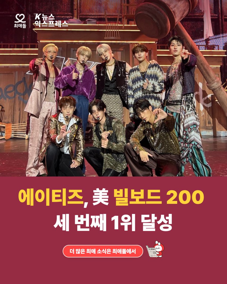 myloveidol_kpop's tweet photo. 📰 에이티즈, 美 빌보드 200 세 번째 1위 달성! 🎉

미니 14집 'GOLDEN HOUR : Part.5'로 9개 앨범 연속 빌보드 200 TOP 10에 오르며 글로벌 인기를 다시 한번 입증했습니다👏

📲 최애돌에서 더 보기 👇
https://t.co/aIgRHf98z9

#ATEEZ #에이티즈 #최애돌 #빌보드200 https://t.co/4Rz0efuTHi